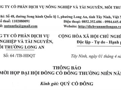 THÔNG BÁO MỜI HỌP ĐẠI HỘI ĐỒNG CỔ ĐÔNG THƯỜNG NIÊN NĂM 2026